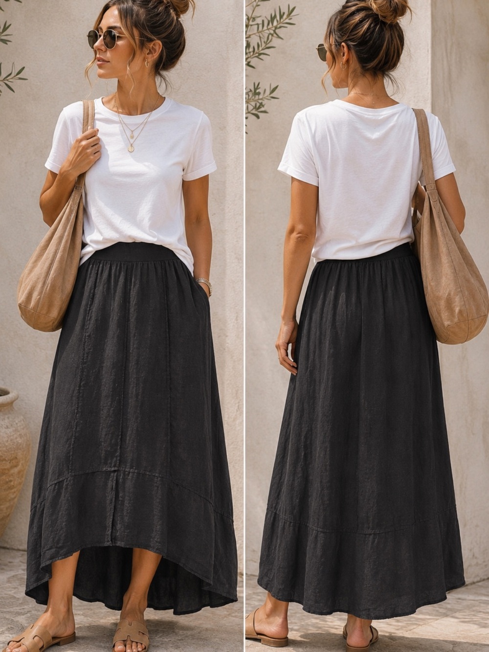 Linen Blend Lagenlook Maxi Skirt fairy grunge high low Hem oversized summer